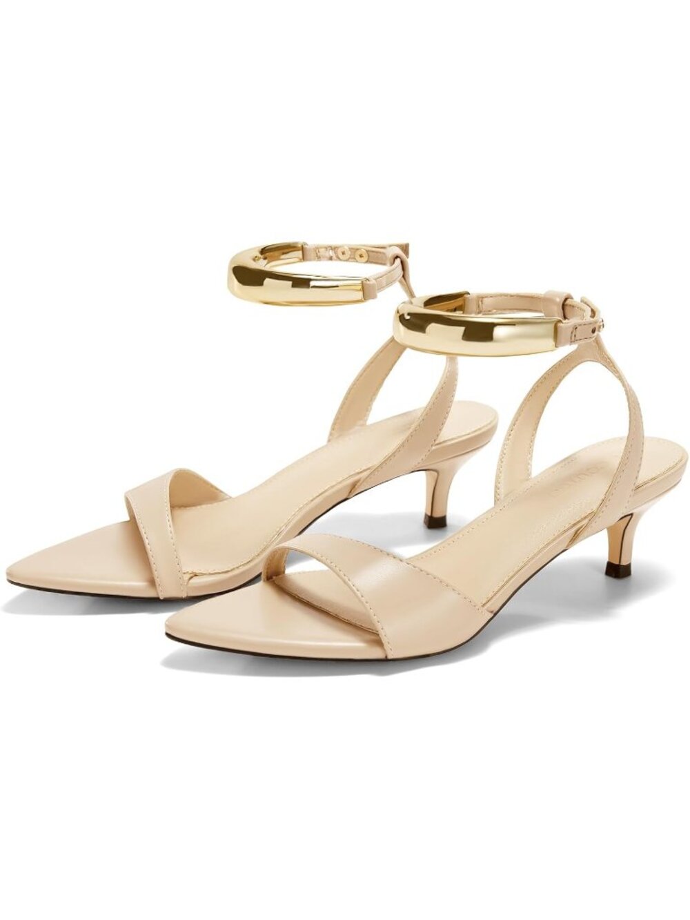 Women's Nude Low Kitten Heels Sandals Strappy Pointed Open Toe One Strap Metal